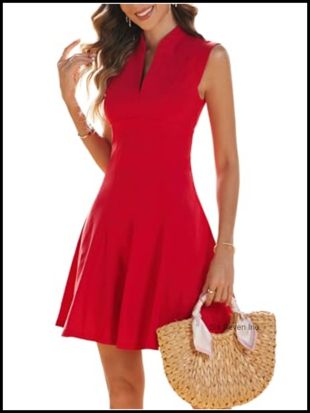Women Deep V Pleated Flowy Dress Cap Sleeve A-Line Mini Casual